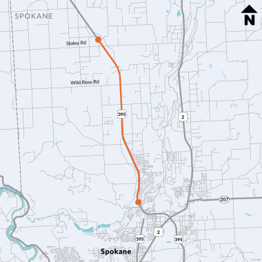 Map for the US 395 Hatch Road to Hamilton Road paving project in north Spokane County.