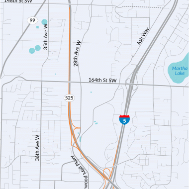 Orange lines on a map showing the area to be paved on State Route 525 from Interstate 405 to just south of 148th Street Southwest.