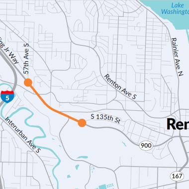 A map showing orange dots and a line on SR 900 from 58th Avenue South to South 135th Street that lacks separated bicycle and pedestrian facilities and has limited signalized crossing options.