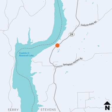 Map of State Route 25 along Lake Roosevelt two miles north of the town of Hunters. An orange circle on SR 25 just south of Cedonia shows the project location. 