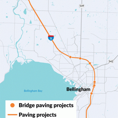 A map showing an orange line and orange dots on I-5 from milepost 246.06 to MP 263.04 that requires maintenance and rehabilitation.