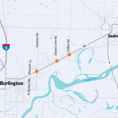 A graphic map with three orange dots showing where WSDOT will install three compact roundabouts along State Route 20 between Burlington and Sedro-Woolley. 