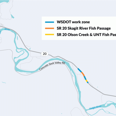 A map showing the SR 20 Olson Creek and Skagit Creek Work zones