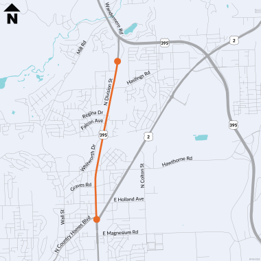 US 395 Division Wye to Wandermere map where paving and complete streets will occur during construction in 2025.