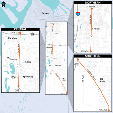 A map depicting the three segments of SR 7; northern, central and southern that are scheduled for repaving and intersection improvements.