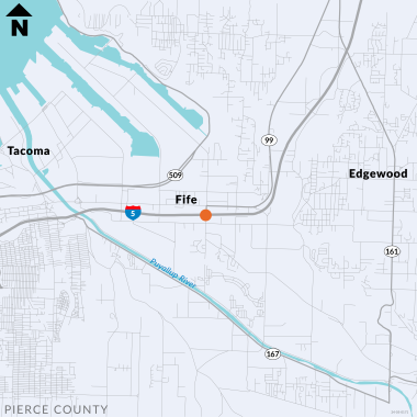 Map of Fife area showing an orange dot on intersection of Interstate 5 and 54th Avenue where paving project will take place.
