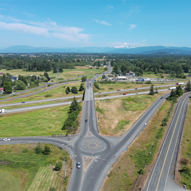 An aerial photo shows the southbound I-5 Slater Road roundabout in Bellingham.
