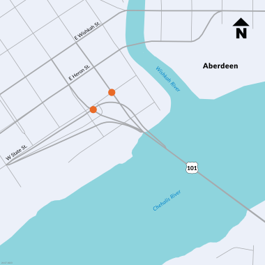 A map of where the main work for the Chehalis River Bridge Bearing replacement work will happen. 