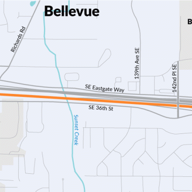 A map showing an orange line on I-90 from 118th Avenue Southeast to 150th Avenue Southeast where WSDOT will pave the eastbound lanes of SR I-90.