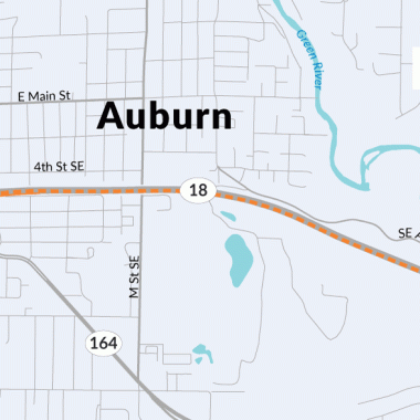 A map showing an orange line on State Route 18 from C Street Southwest to Green River where WSDOT will pave the eastbound lanes of SR 18. 