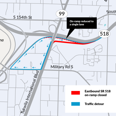 A map showing the detour for the SR 99 on-ramp to eastbound SR 518 ramp closure