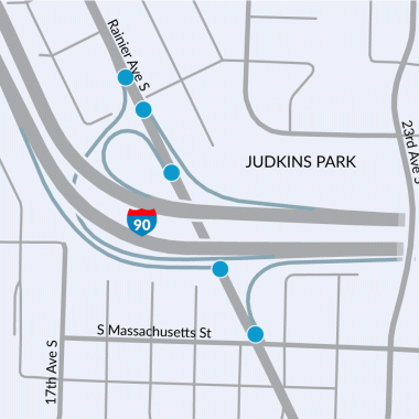 A map showing on and off ramps from I-90 to Rainier Avenue.