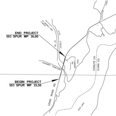 Area within Cowlitz county, WSDOT’s Southwest region. The project is located within Section 33, Township 7 North and Section 4, Township 6 North, Range 4 East, Willamette Meridian, from SR 503 Spur MP 35.5 to SR 503 Spur MP 36. 