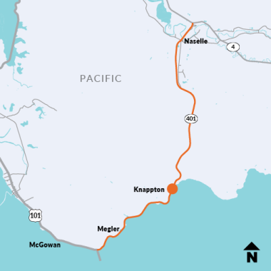 Graphic shows map and the location of the State Route 401 slope stabilization project located 2.3 miles south of Bean Creek Road near Naselle in Pacific County