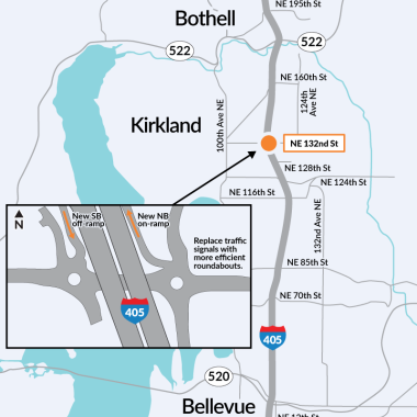 Project map with an inset map of the roundabouts at the intersections of the new ramps and Northeast 132nd Street. 