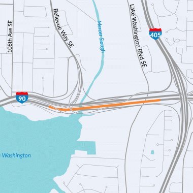 A map showing and orange line on eastbound I-90 at the Mercer Slough Bridge. 