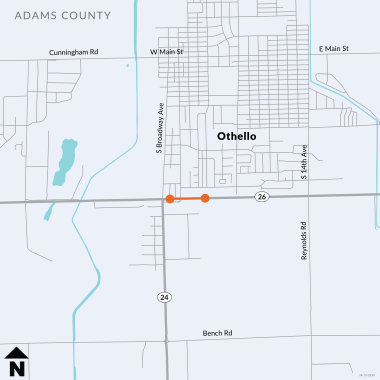 This is a map that shows the southwest corner of Othello, Wash., with a small horizontal yellow line near the center where a roundabout will be built in 2025