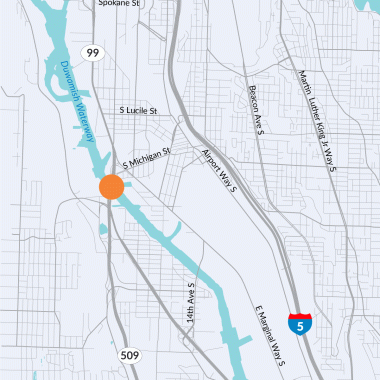 A map showing an orange dot on SR 99 at the 1st Avenue South Bridge where WSDOT will replace watertight doors and demolish the East Control Tower’s top two floors and perform roof work on the West Control Tower and remaining towers on the East Bridge.