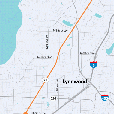 A map of SR 99 highlighting the study area, 148th Street Southwest to Airport Road.