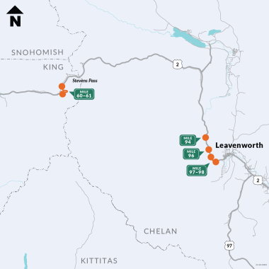 This map shows the overall area, from Stevens Pass near the upper left-hand corner to Leavenworth near the right edge, where the project will occur. It also shows in orange dots the location of where on US 2 the work will happen. Lastly, it shows with green markers the mileposts of each location. s in green the mileposts where the work will occur, 