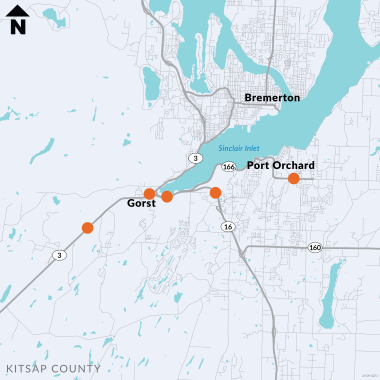 Map of Gorst area with orange dots on fish passage sites along SR 3, SR 16 and SR 166.