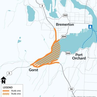 A map showing Gorst, Washington, which sits at a natural bend in the water of Port Orchard. The map is highlighted to show the study area which extends up toward SR 304 in Bremerton and further down SR 16 towards Port Orchard.