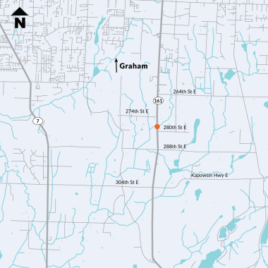 A map image shows the location of a fish barrier removal project on State Route 161 just north of 280th Street East near Graham in Pierce County.