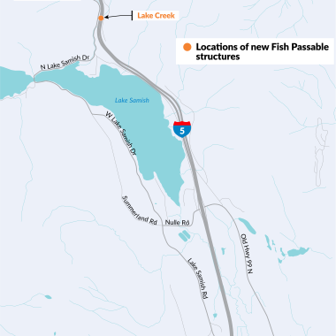 A graphic map of fish passage construction on I-5 in Whatcom and Skagit Counties, orange dots show the locations of new fish passable structures.