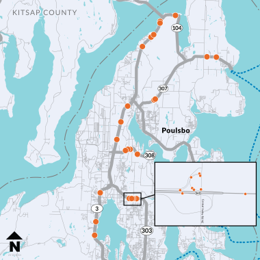 Project vicinity map showing multiple locations on several state highways between Chico, Poulsbo, Kingston, Bond Road and near SR 104 Hood Canal Bridge.