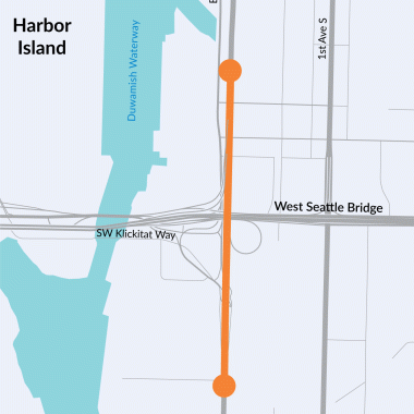 A map with orange dots and a line showing where WSDOT will replace expansion joints and rehabilitate the bridge’s drainage system on the SR 99 Spokane Street Bridge from milepost 28.61 to 29.20. 