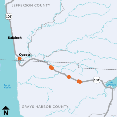 Map of work zones on US 101 in Grays Harbor and Jefferson Counties with orange dots indicating the locations of the fish passage sites between Lake Quinault and the Queets River.