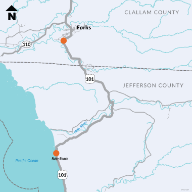 Map of US 101 near Forks with orange dots indicating the location of two work zones, one in Jefferson County near Ruby Beach and one in Clallam County about a mile south of Forks.