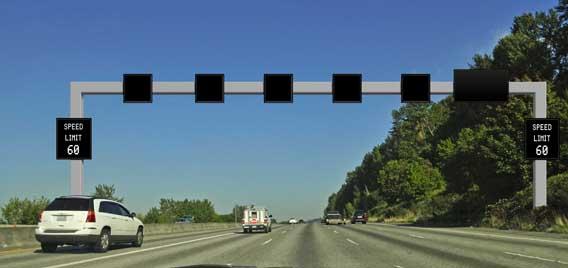 Graphic of normal ATDM sign operation.  Overhead signs are blank and side signs show speed limit.