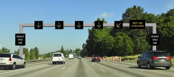Graphic of an ATDM gantry with lane control in effect.  Four lanes show green down arrows.  Fifth lane (rightmost) shows down left yellow merge arrow.  Overhead message sign shows "right lane closed ahead" text.  Side signs show "reduced speed zone" text.