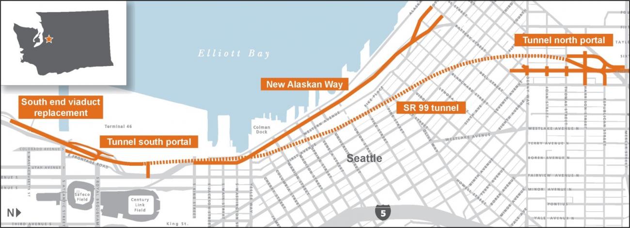Map showing Alaskan Way Viaduct program limits along Seattle waterfront, south end near stadiums and north end near Seattle Center