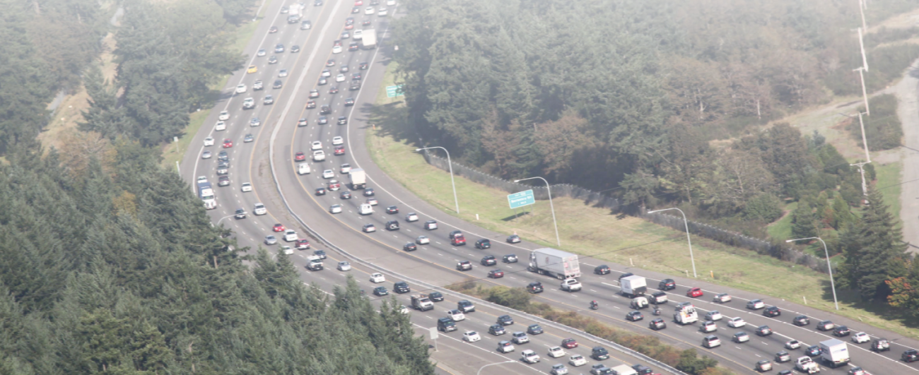 Aerial photo of a congested I-5 through JBLM