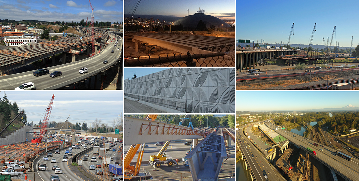 Images of various construction projects in the I-5 SR 16 Tacoma Pierce County HOV Program