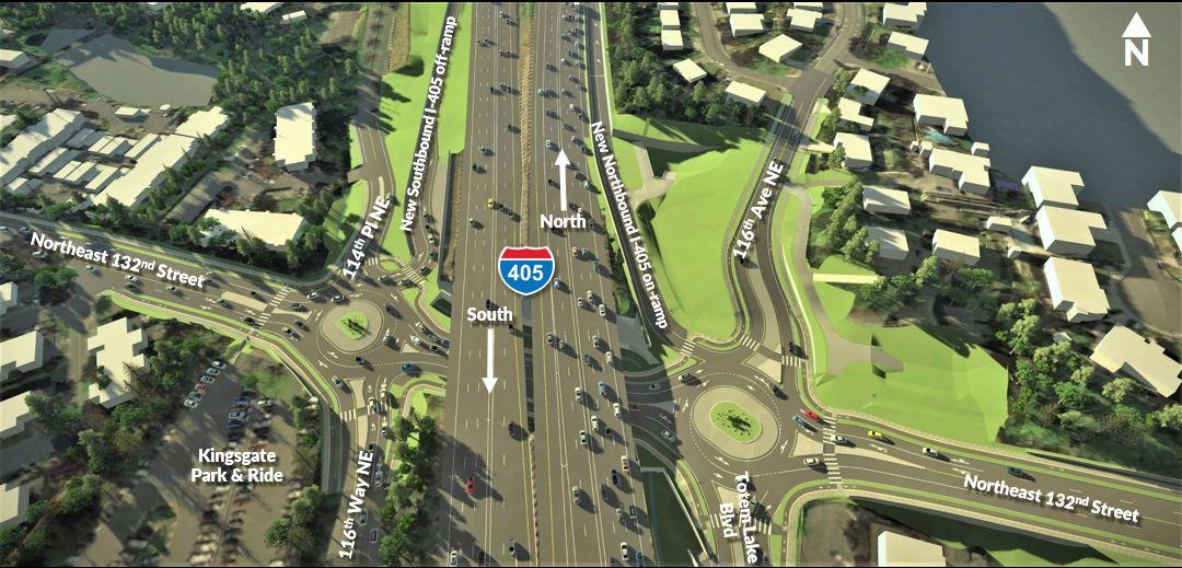 The project builds a half-diamond interchange including a northbound on-ramp and southbound off-ramp at Northeast 132nd Street in Kirkland.