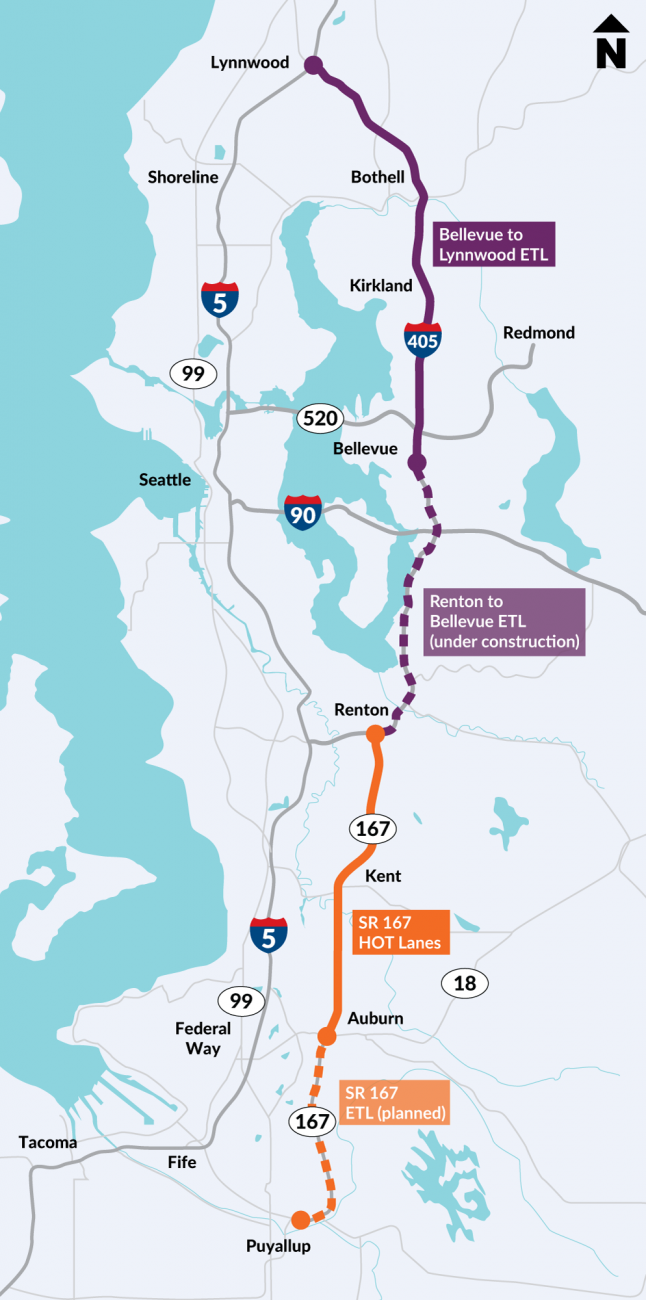 Map showing the Renton to Bellevue Express Toll Lanes in purple and the 167 HOT Lanes and ETLs in orange.