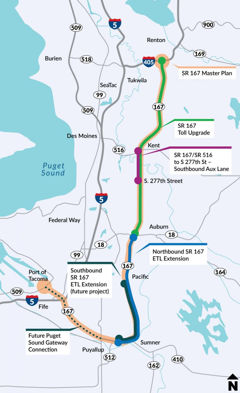 This map highlights our current funded planning, design and construction projects along SR 167. WSDOT Olympic Region is delivering the NB and SB Extension Projects. The Puget Sound Gateway Program oversees the future Puget Sound Gateway Connection.