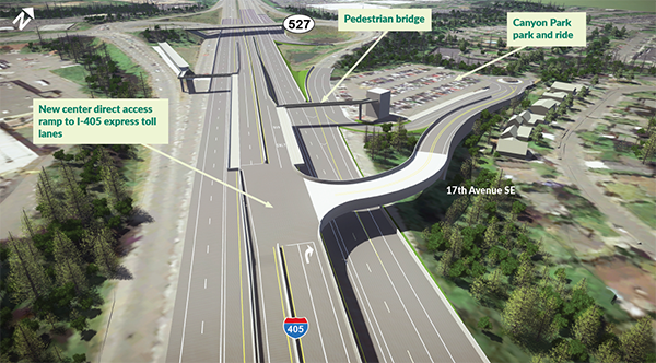 This is a visualization of the proposed improvements to the SR 527 interchange. The project improvements include reconstructing a portion of the pedestrian bridge, reconfiguring the Canyon Park park and ride lot, and constructing new direct access ramps and inline transit stations. 