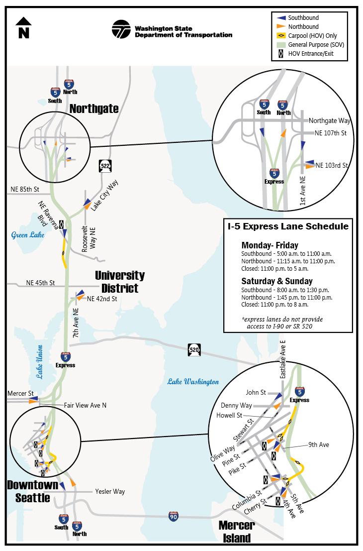 Map of I-5 through Seattle showing express lane on ramps and lanes at Northgate, Downtown and Mercer Island