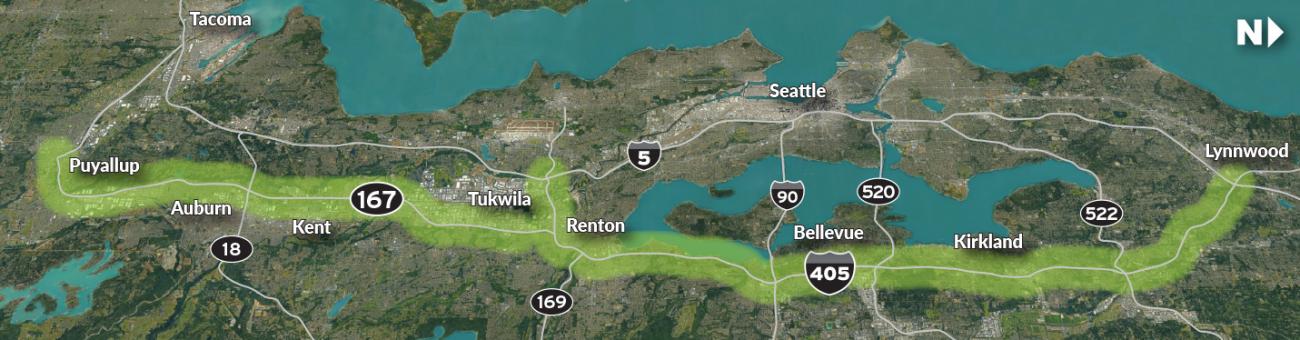 A map showing the  I-405/SR 167 Corridor.