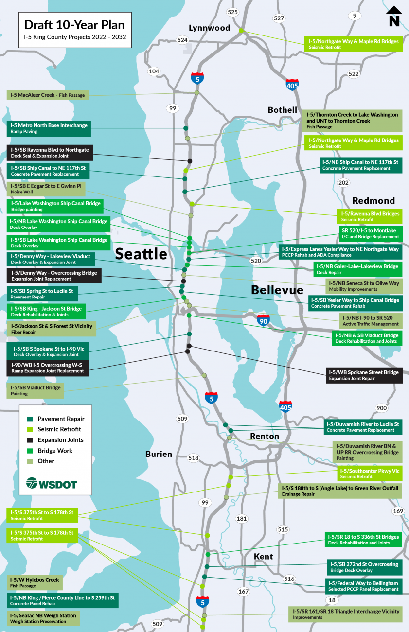 A map showing future projects on I-5 with identified funding sources.