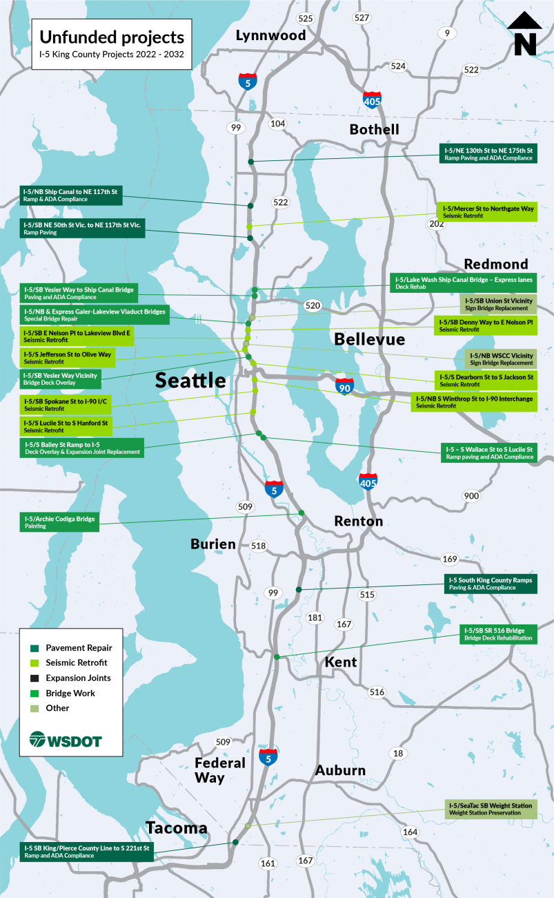 A map showing unfunded projects on I-5 in the Seattle area.