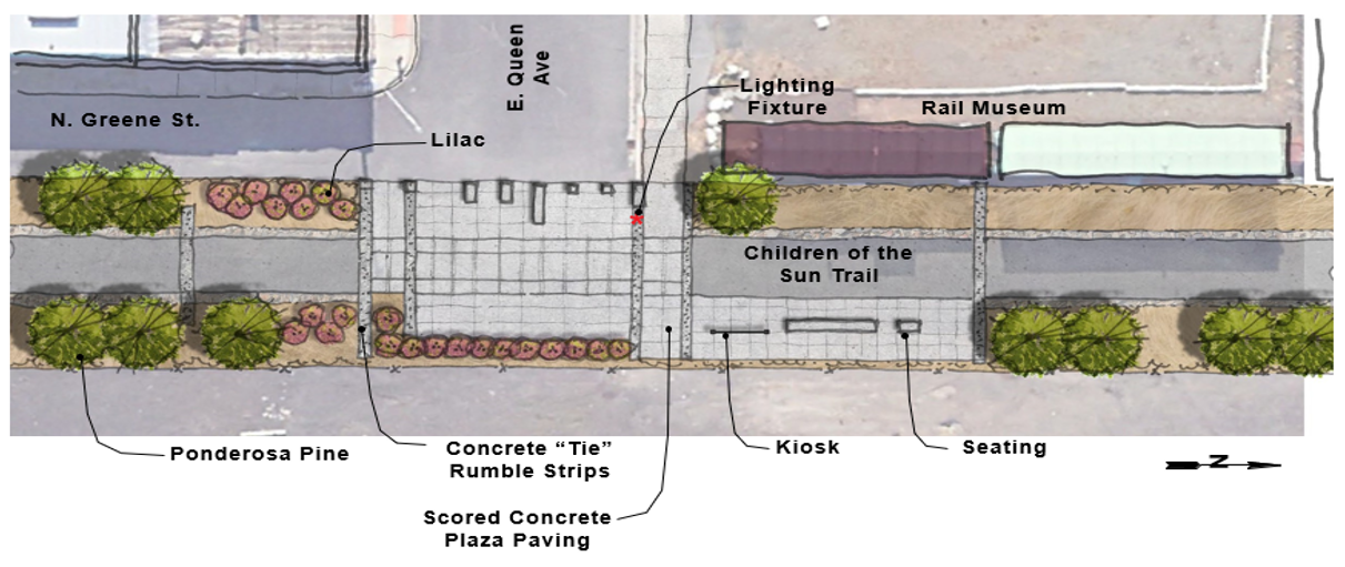 Proposed design of the plaza along the Children of the Sun Trail at Queen Avenue in Hillyard.