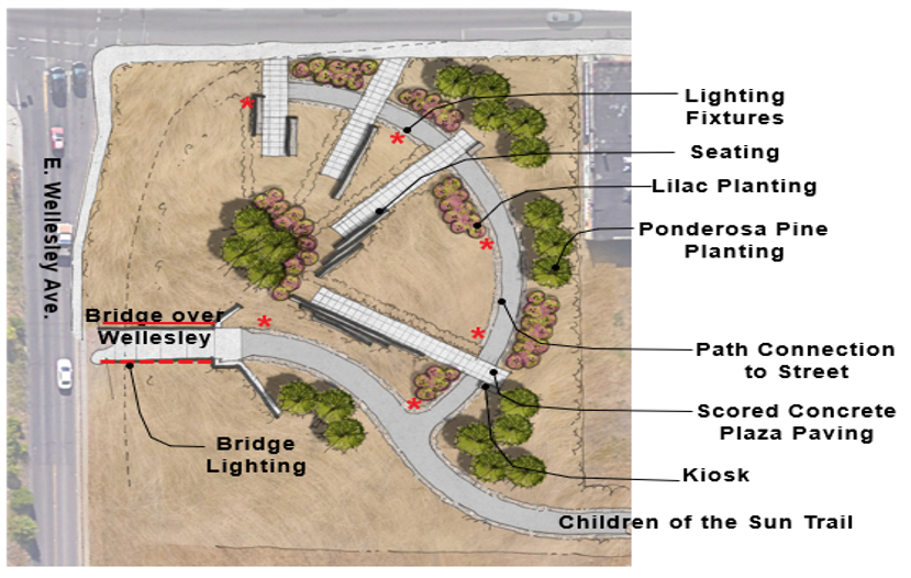 Proposed design of the Wellesley Roundhouse Plaza as part of a community connection for the Children of the Sun Trail.