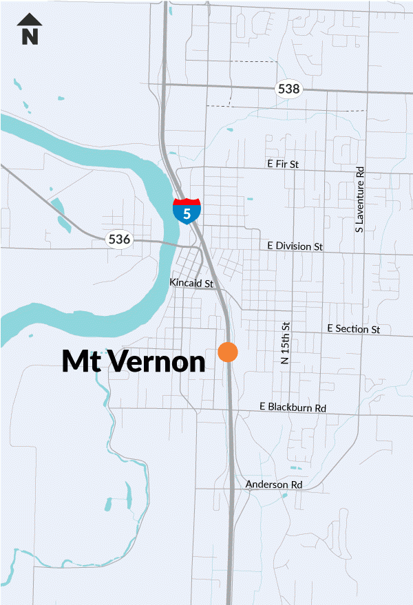 Map showing southbound I-5 location of Kincaid Street sign replacement. 
