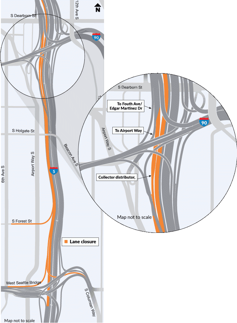 A map highlighting the ramp closures during the weekend of June 4-5 for work on southbound I-5.