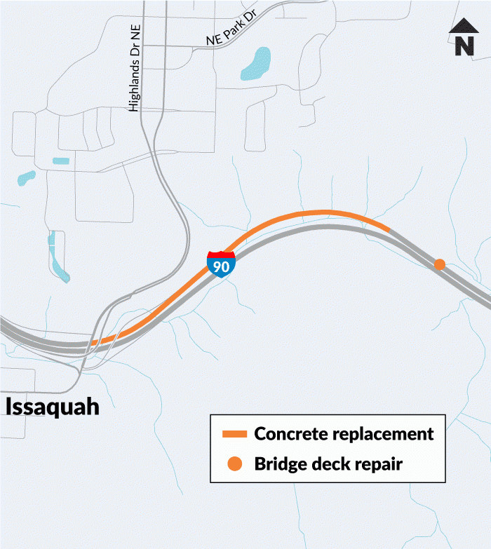 A map showing the pavement repair area and a bridge repair location east of Issaquah.